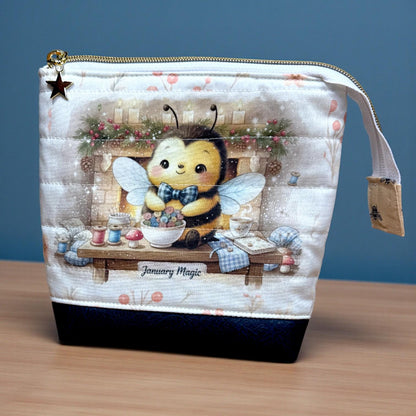 Honeycomb Hollow January Magic Quilted Zipper Pouch, Bee Project Bag, Sewing & Craft Organizer, Handmade Limited Edition