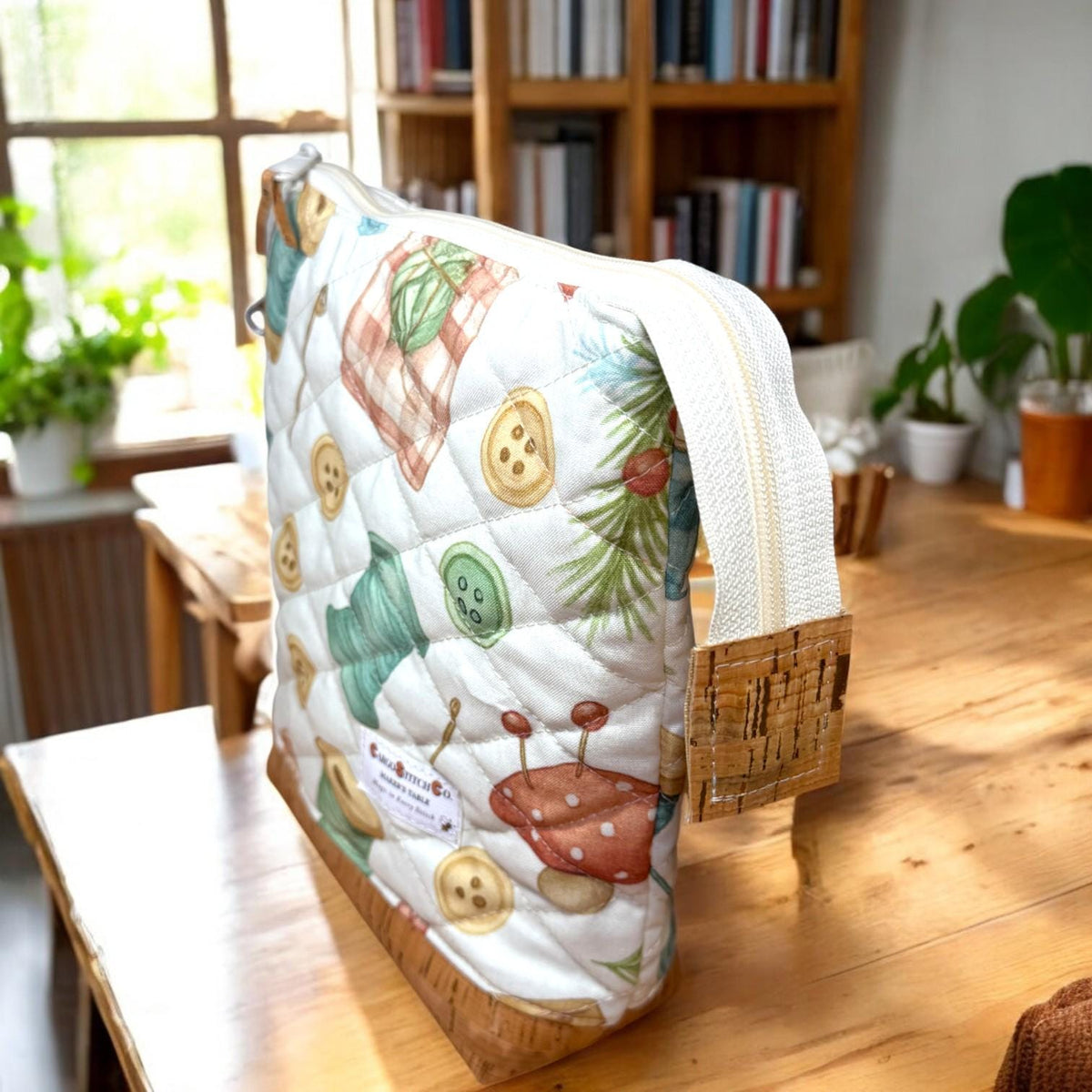 Quilted Sewing Project Bag | Maker’s Table Large Craft Organizer | Cork Bottom Zipper Pouch | Gift for Sewist & Quilter