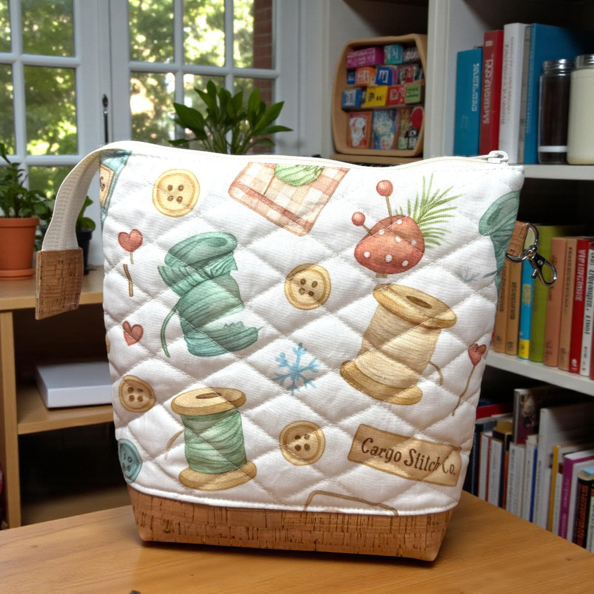 Quilted Sewing Project Bag | Maker’s Table Large Craft Organizer | Cork Bottom Zipper Pouch | Gift for Sewist & Quilter