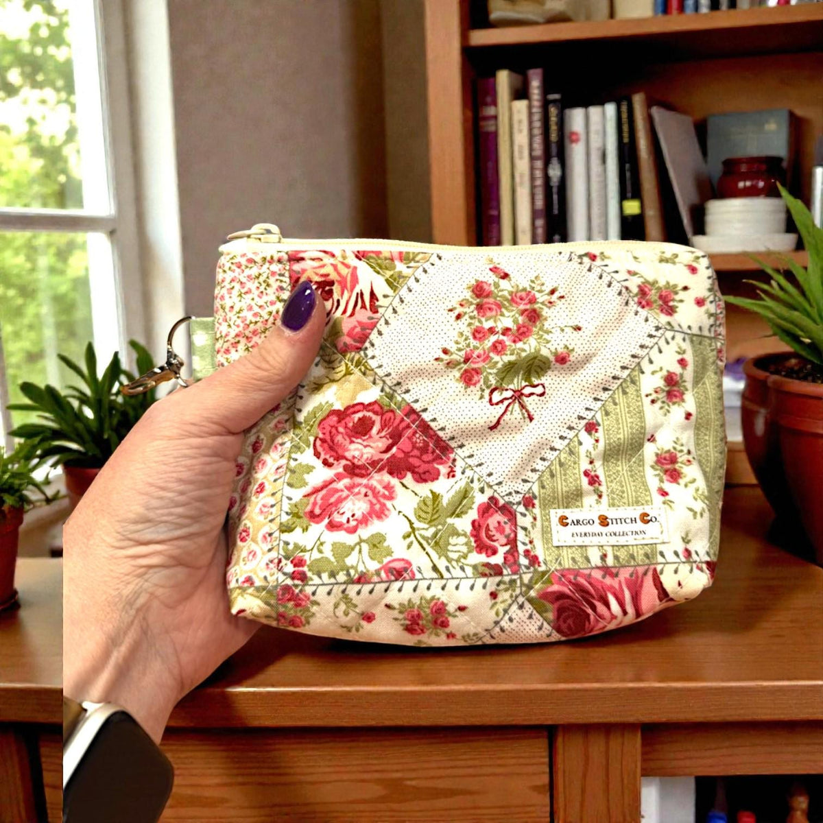 Rosewood Garden Quilted Zipper Pouch, Medium Floral Makeup Bag, Handmade Cosmetic Bag, Sewing & Craft Organizer
