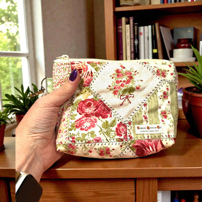 Rosewood Garden Quilted Zipper Pouch, Medium Floral Makeup Bag, Handmade Cosmetic Bag, Sewing & Craft Organizer