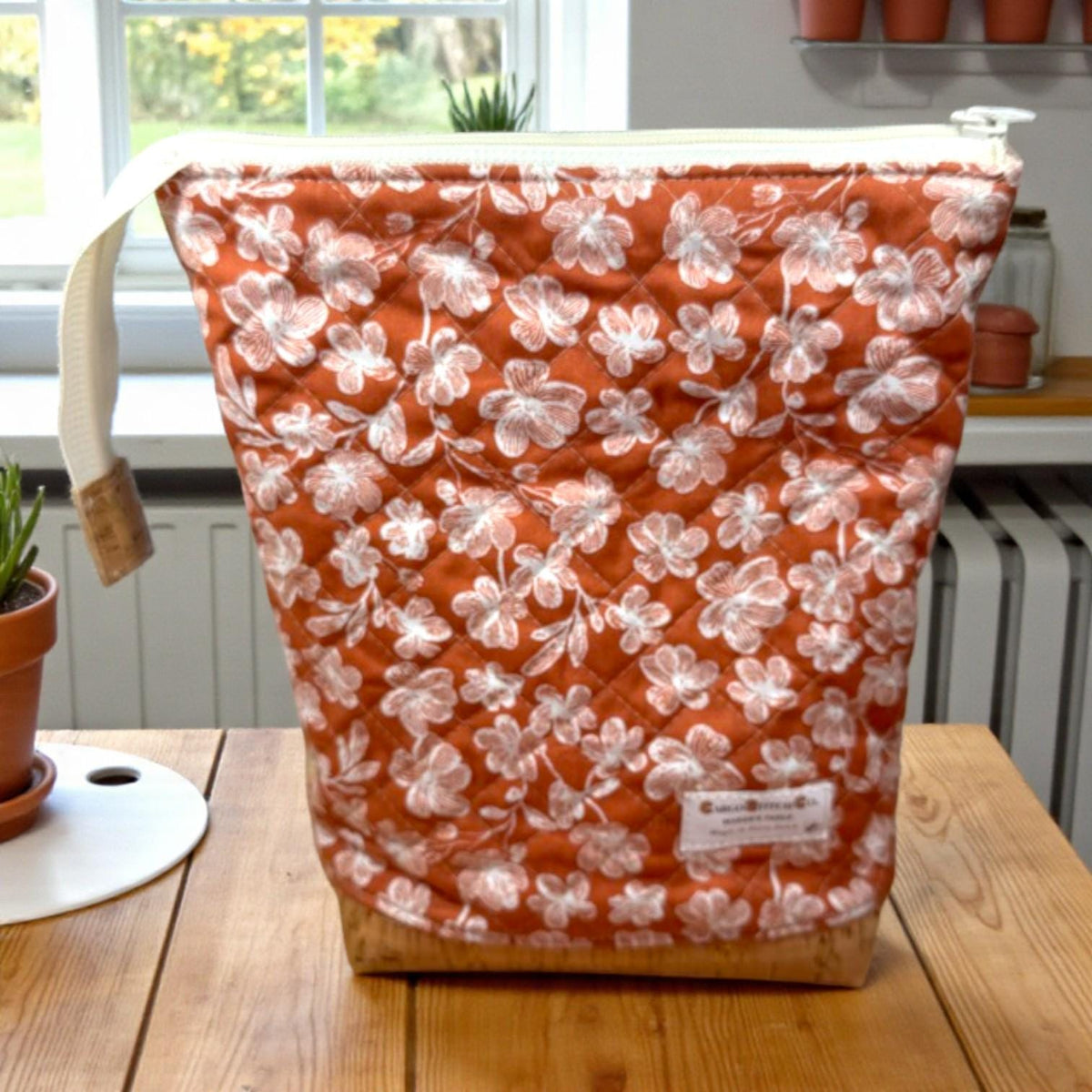 Blossom Bunny Quilted Project Bag, Large Sewing Notions Pouch, Maker Bag with Cork Base, Handmade Craft Organizer