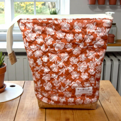 Blossom Bunny Quilted Project Bag, Large Sewing Notions Pouch, Maker Bag with Cork Base, Handmade Craft Organizer