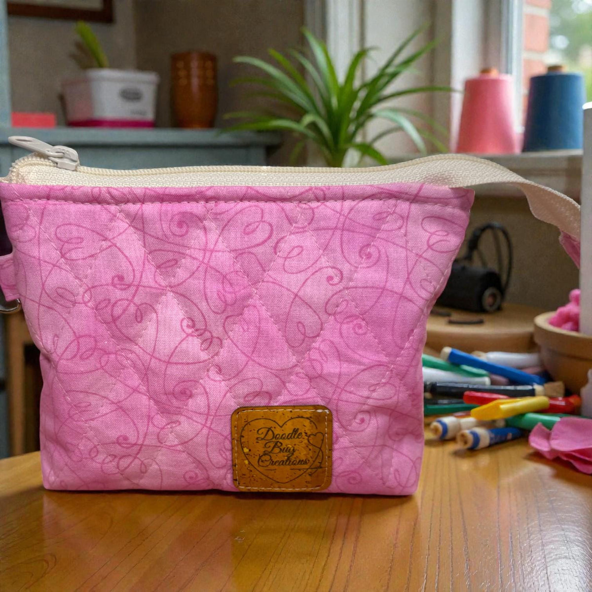 Pink Drawstring Project Bag, Quilted Zipper Pouch, Handmade Organizer, Quiet Places Collection, Sewing & Journal Gift