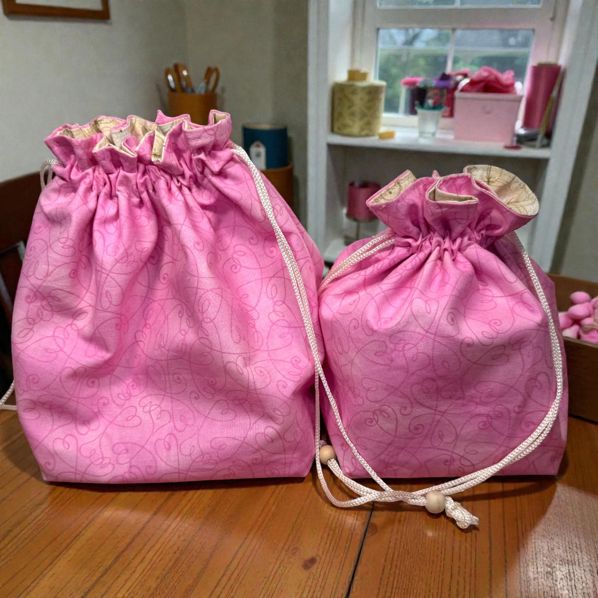 Pink Drawstring Project Bag, Quilted Zipper Pouch, Handmade Organizer, Quiet Places Collection, Sewing & Journal Gift