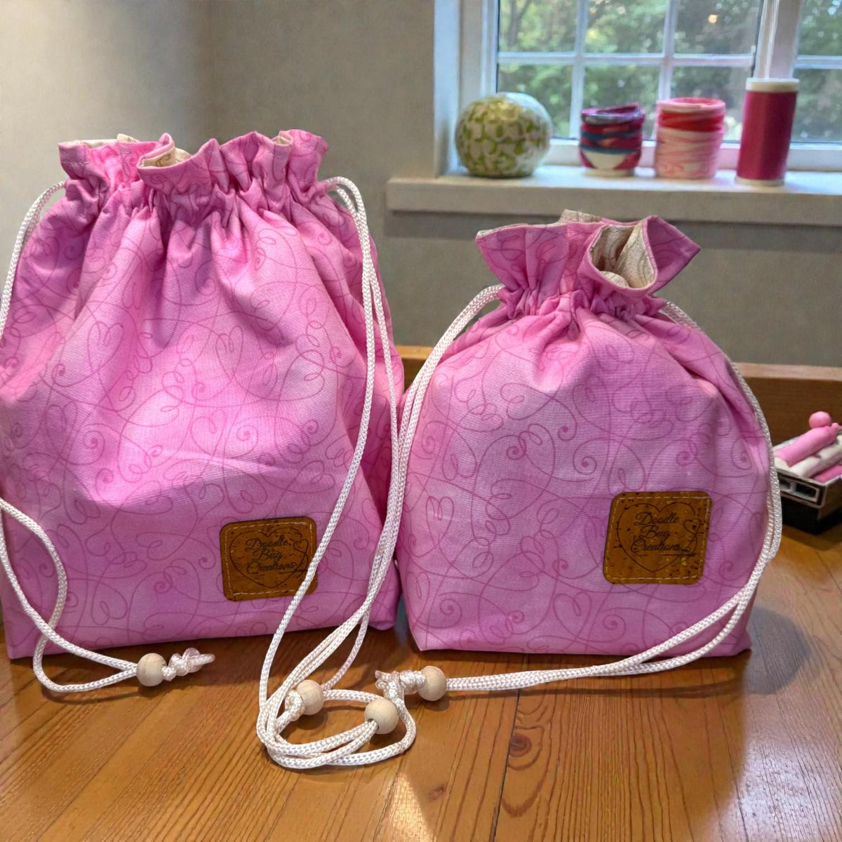Pink Drawstring Project Bag, Quilted Zipper Pouch, Handmade Organizer, Quiet Places Collection, Sewing & Journal Gift