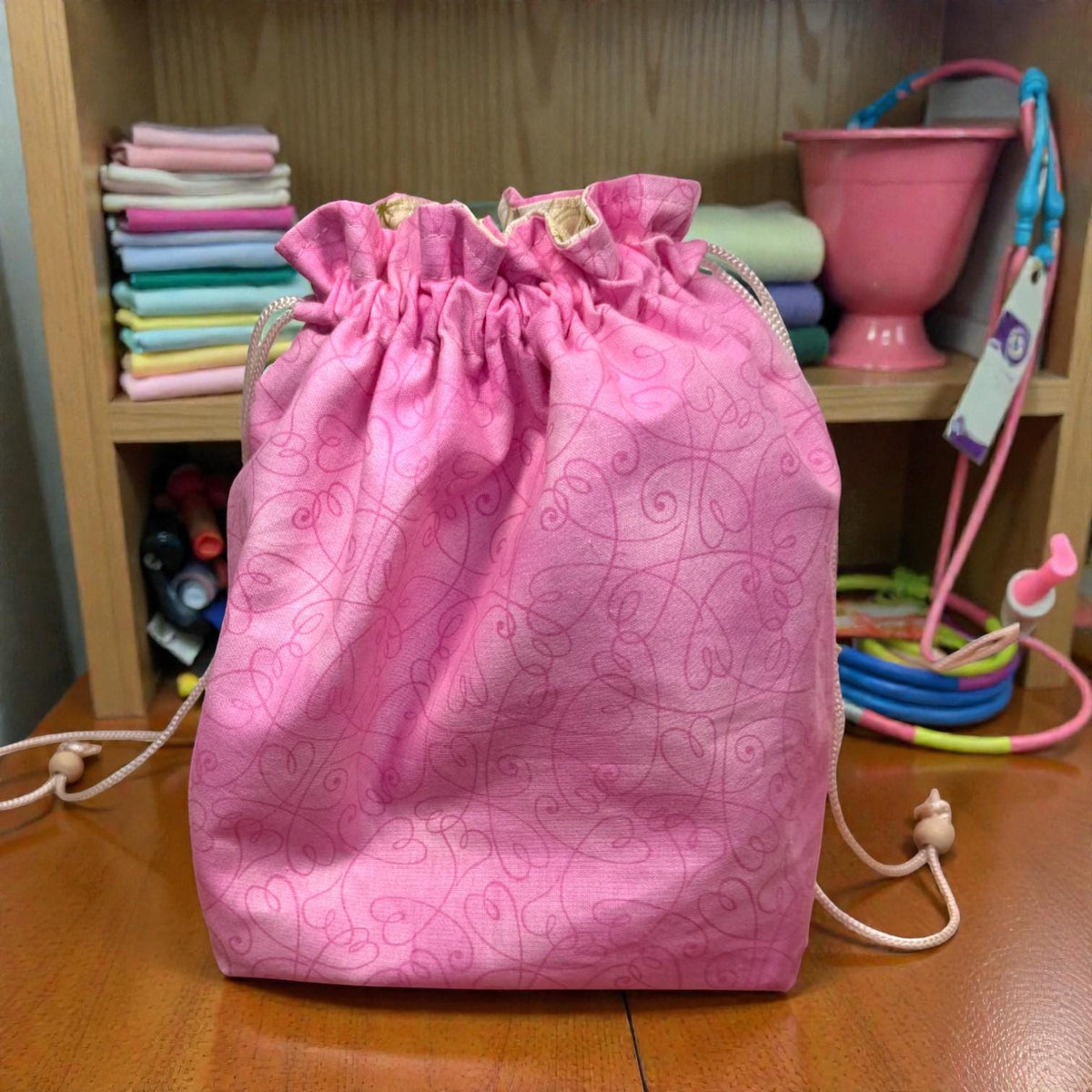 Pink Drawstring Project Bag, Quilted Zipper Pouch, Handmade Organizer, Quiet Places Collection, Sewing & Journal Gift
