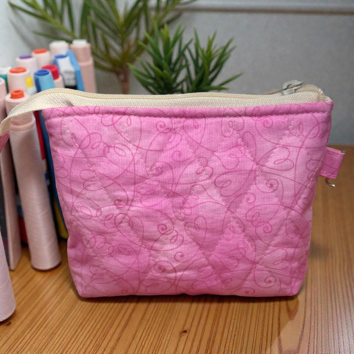 Pink Drawstring Project Bag, Quilted Zipper Pouch, Handmade Organizer, Quiet Places Collection, Sewing & Journal Gift