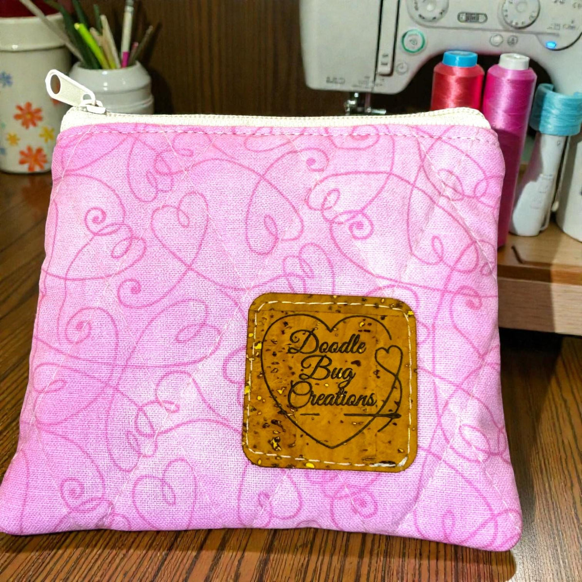 Pink Drawstring Project Bag, Quilted Zipper Pouch, Handmade Organizer, Quiet Places Collection, Sewing & Journal Gift