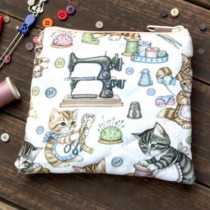 Mini Quilted Zipper Pouch – Sewing Cats | Handmade Small Pouch | Everyday Magic