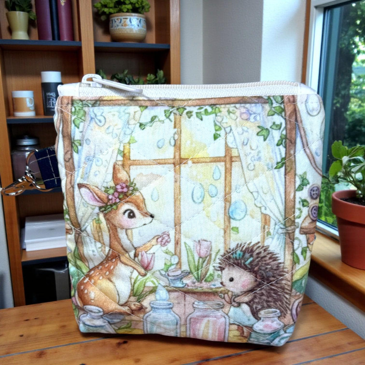 Daisy & Thimble Woodland Zipper Pouch — 6″ × 6″ × 1″ Deer Hedgehog Quilted Bag, Handmade Sewing and Craft Organizer