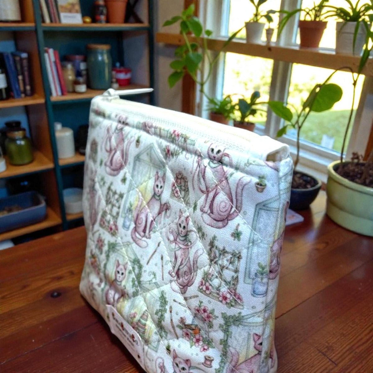 Sewing Garden Cat Quilted Zipper Pouch, Medium Makeup Bag, Sewing Notions Pouch, Handmade Cat Gift, Cottagecore Organizer
