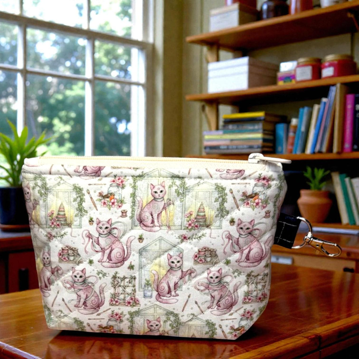 Sewing Garden Cat Quilted Zipper Pouch, Medium Makeup Bag, Sewing Notions Pouch, Handmade Cat Gift, Cottagecore Organizer