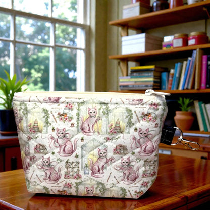 Sewing Garden Cat Quilted Zipper Pouch, Medium Makeup Bag, Sewing Notions Pouch, Handmade Cat Gift, Cottagecore Organizer