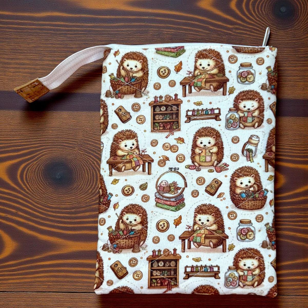 Kindle Sleeve with Zipper | Quilted E-Reader Case | Book Sleeve for Paperback & Journal | Hedgehog Sewing Gift