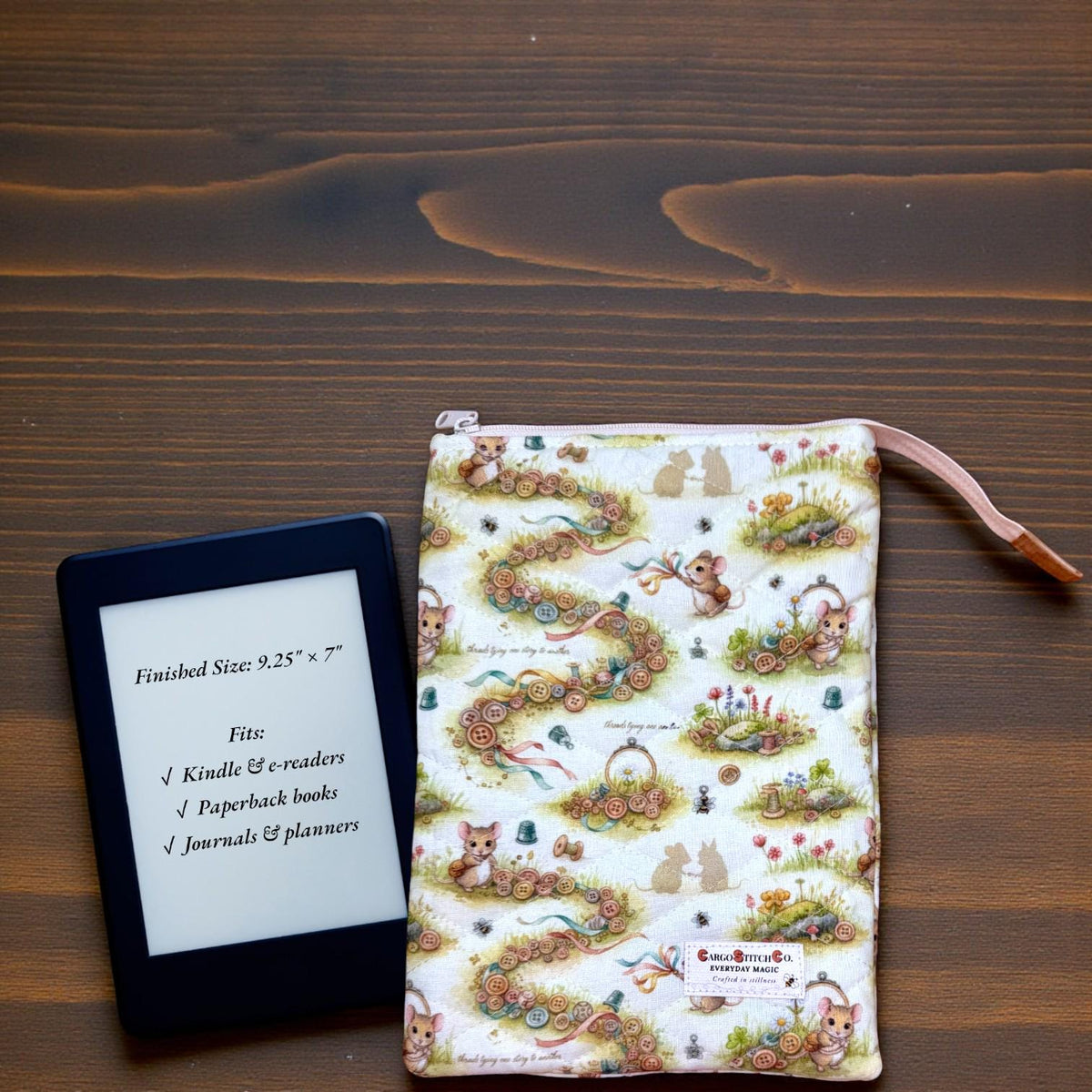 Quilted Book Sleeve | Button Trail Mouse Print, Padded E-Reader Cover, IPad Pouch