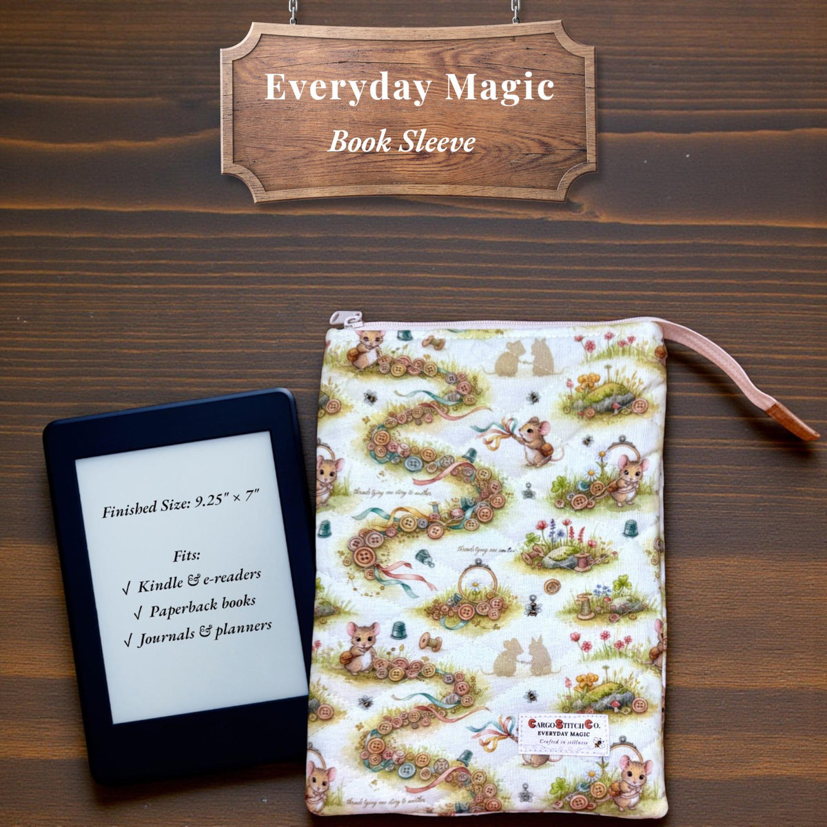 Quilted Book Sleeve | Button Trail Mouse Print, Padded E-Reader Cover, IPad Pouch