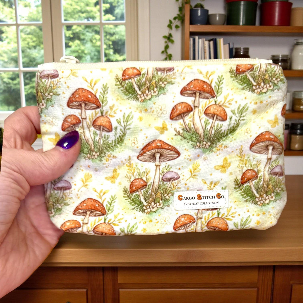 Mushroom Quilted Zipper Pouch, Small Woodland Makeup Bag, Cottagecore Organizer, Handmade Gift