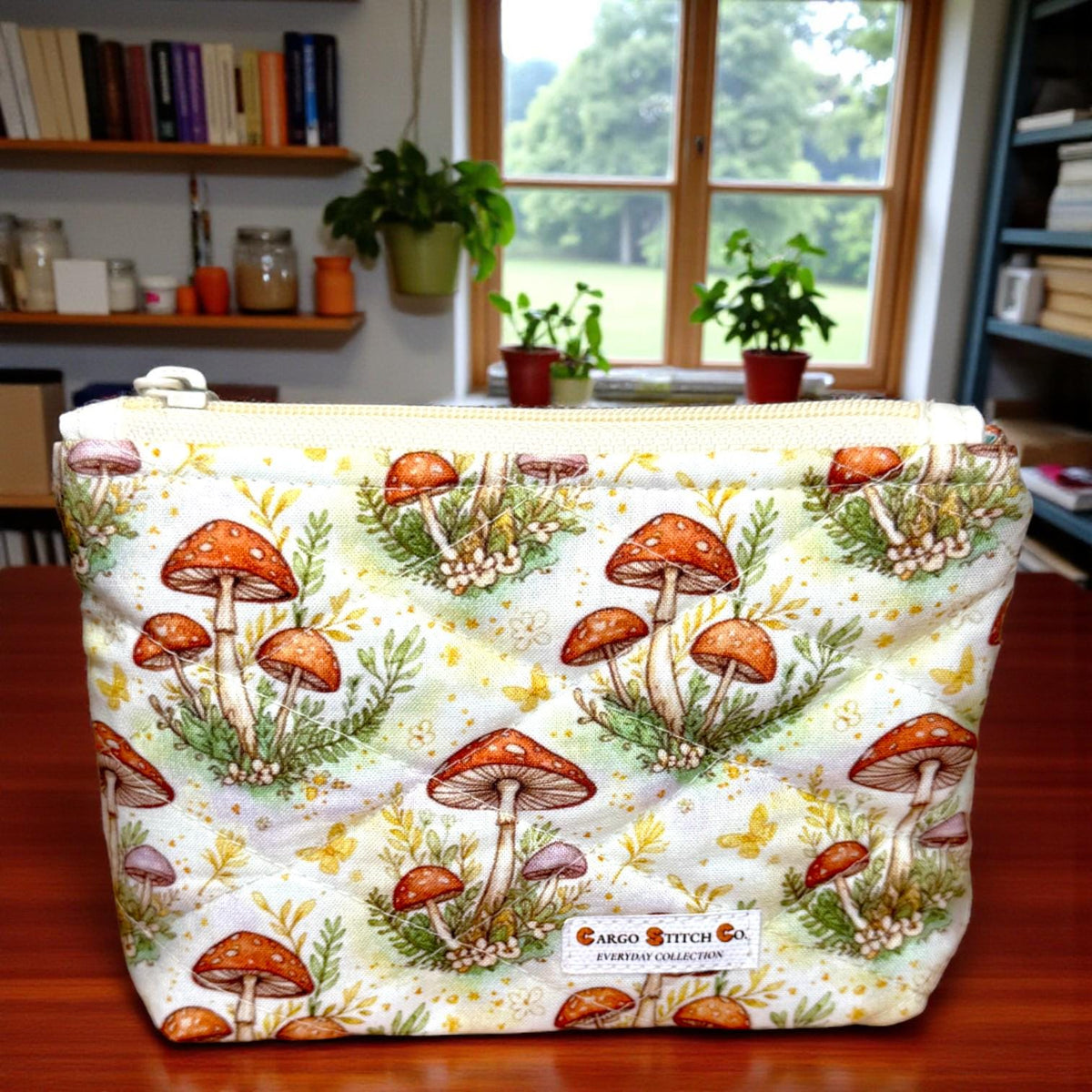 Mushroom Quilted Zipper Pouch, Small Woodland Makeup Bag, Cottagecore Organizer, Handmade Gift