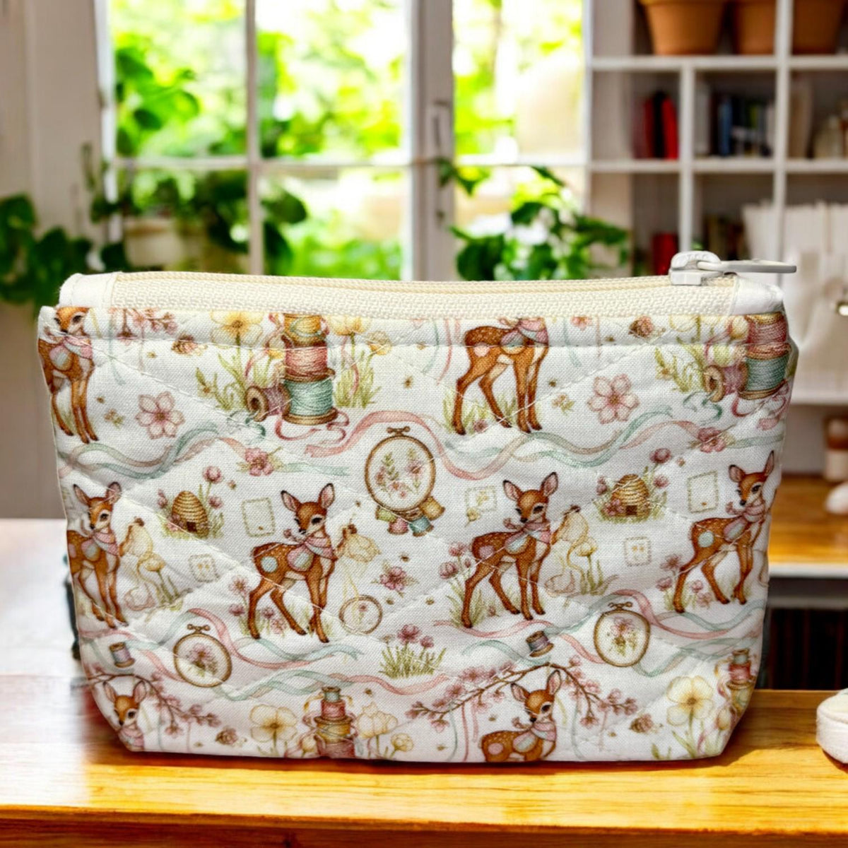 Woodland Deer Quilted Zipper Pouch, Medium Makeup Bag, Sewing Notions Pouch, Cottagecore Deer Gift, Handmade Organizer