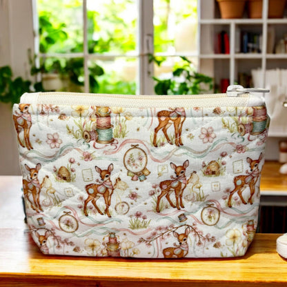 Woodland Deer Quilted Zipper Pouch, Medium Makeup Bag, Sewing Notions Pouch, Cottagecore Deer Gift, Handmade Organizer
