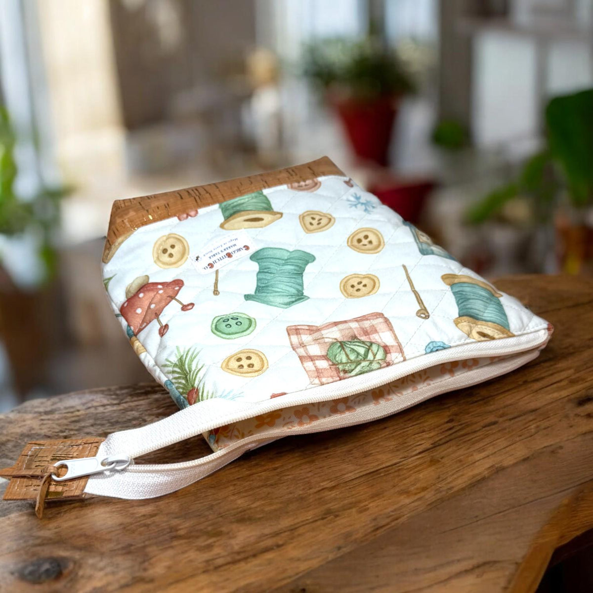 Quilted Sewing Project Bag | Maker’s Table Large Craft Organizer | Cork Bottom Zipper Pouch | Gift for Sewist & Quilter