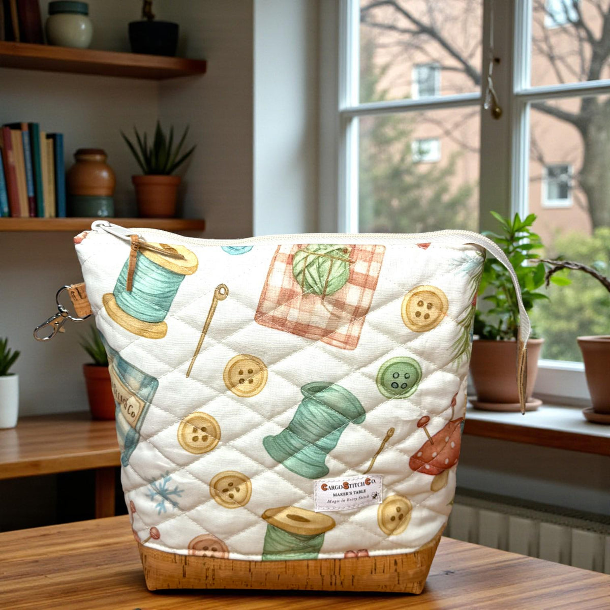 Quilted Sewing Project Bag | Maker’s Table Large Craft Organizer | Cork Bottom Zipper Pouch | Gift for Sewist & Quilter
