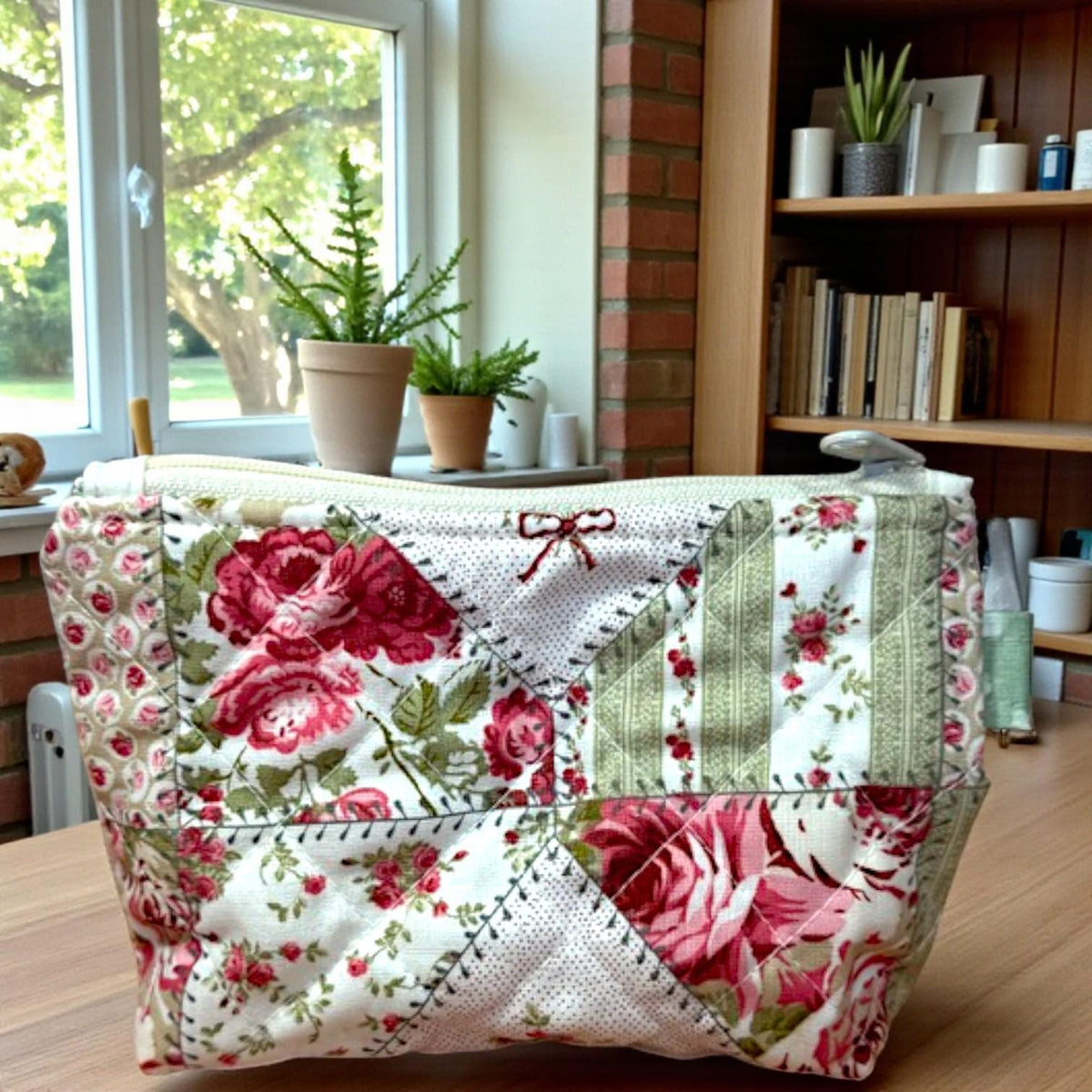 Rosewood Garden Quilted Zipper Pouch, Medium Floral Makeup Bag, Handmade Cosmetic Bag, Sewing & Craft Organizer