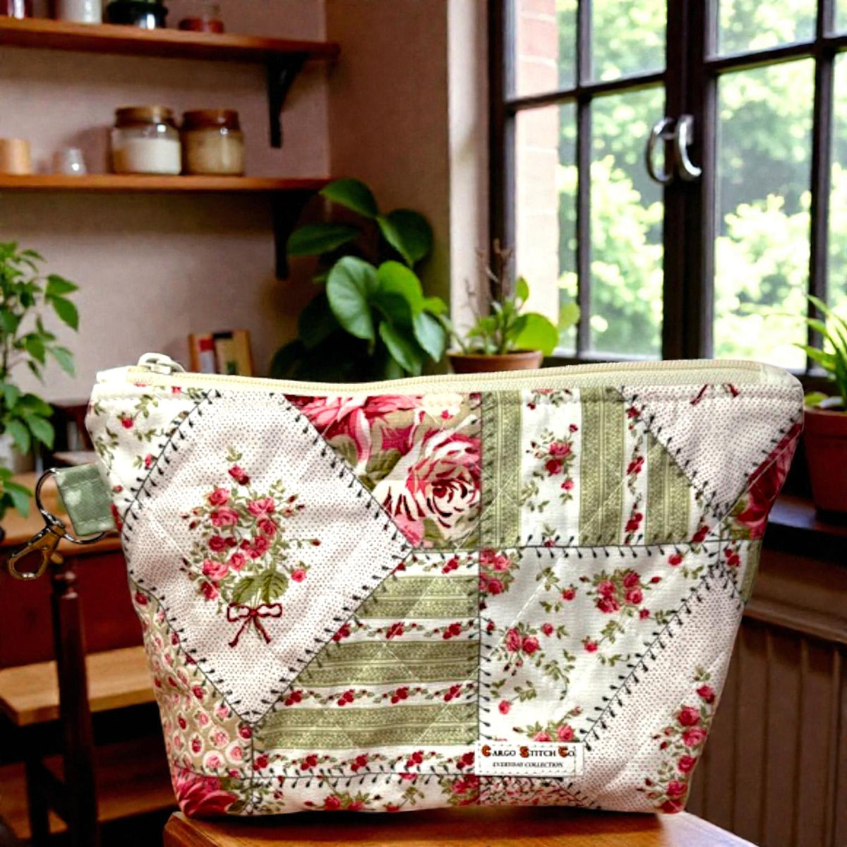 Rosewood Garden Quilted Zipper Pouch, Medium Floral Makeup Bag, Handmade Cosmetic Bag, Sewing & Craft Organizer