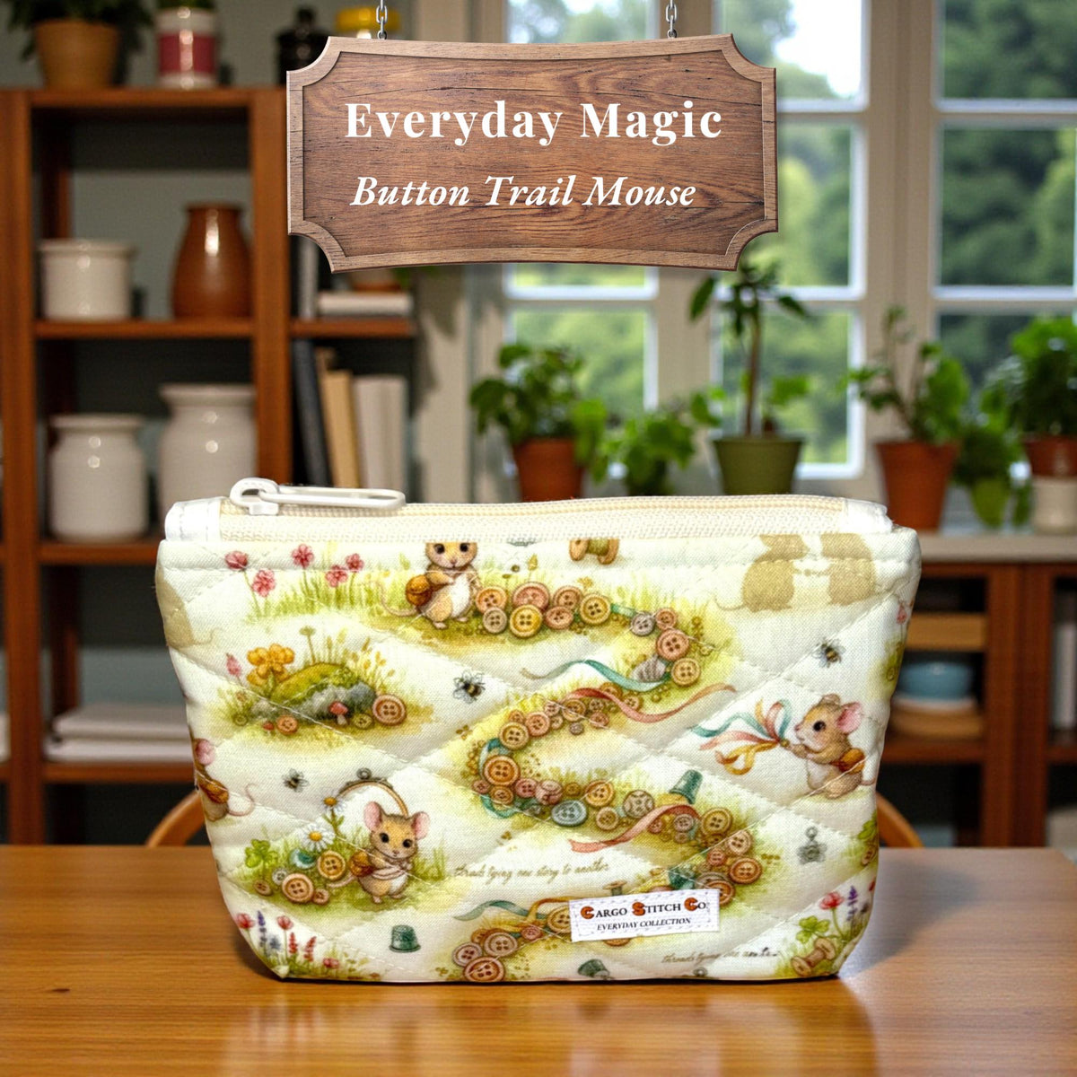 Button Trail Mouse Quilted Zipper Pouch, Medium Makeup Bag, Sewing Notions Pouch, Handmade Cottagecore Organizer