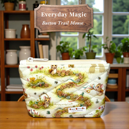 Button Trail Mouse Quilted Zipper Pouch, Medium Makeup Bag, Sewing Notions Pouch, Handmade Cottagecore Organizer
