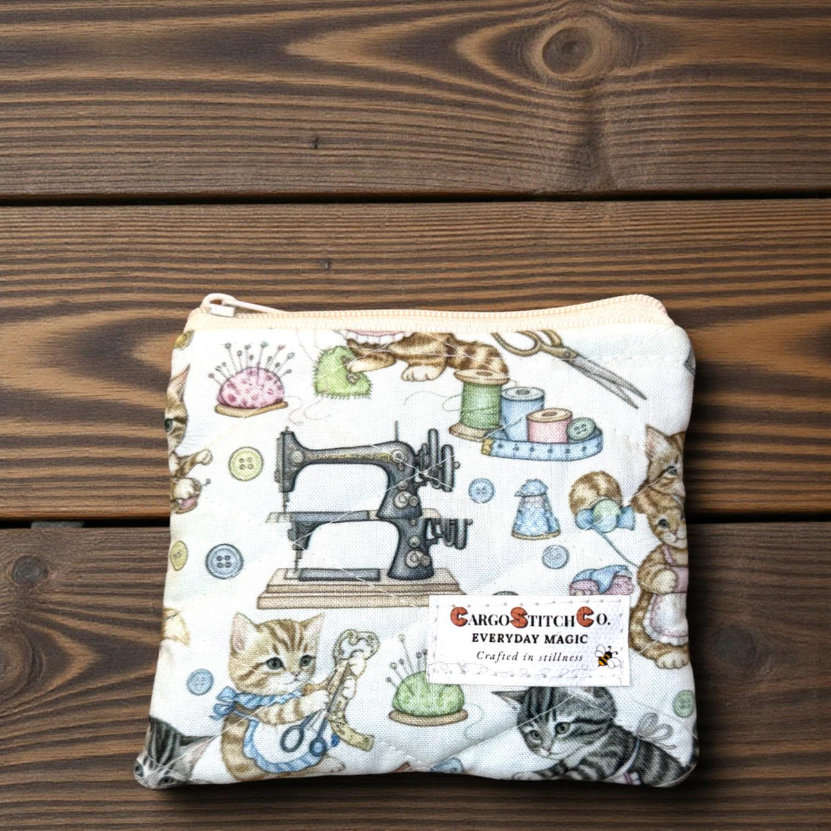 Mini Quilted Zipper Pouch – Sewing Cats | Handmade Small Pouch | Everyday Magic