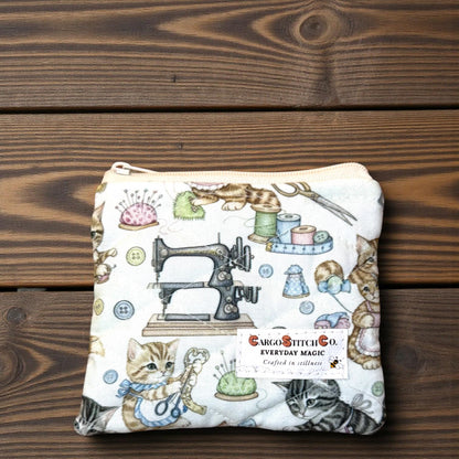 Mini Quilted Zipper Pouch – Sewing Cats | Handmade Small Pouch | Everyday Magic