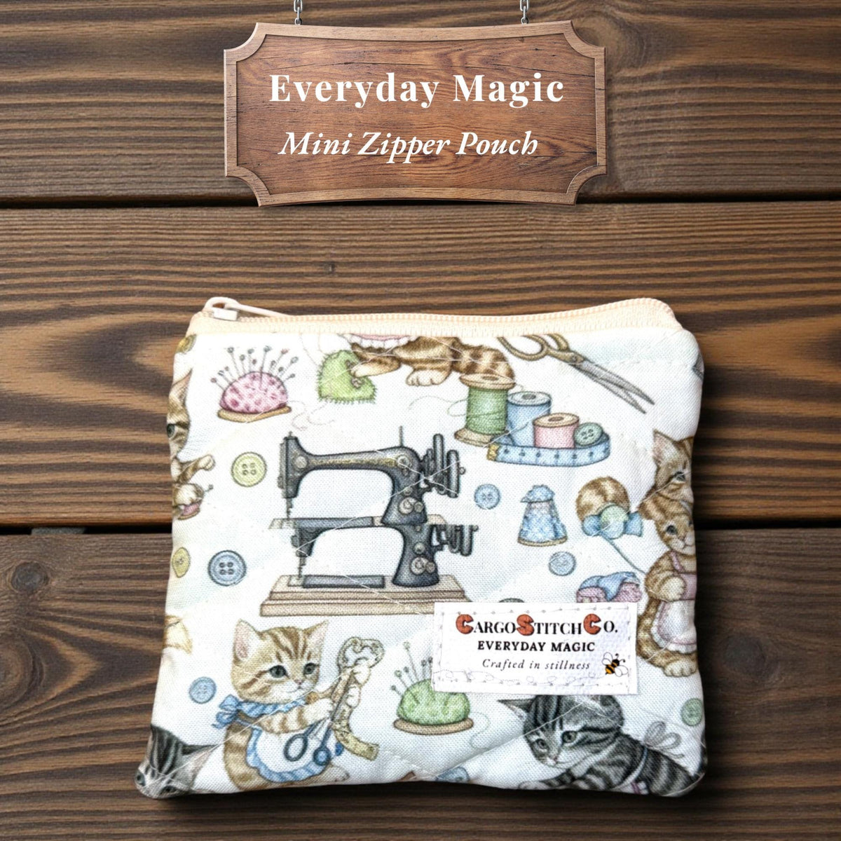 Mini Quilted Zipper Pouch – Sewing Cats | Handmade Small Pouch | Everyday Magic