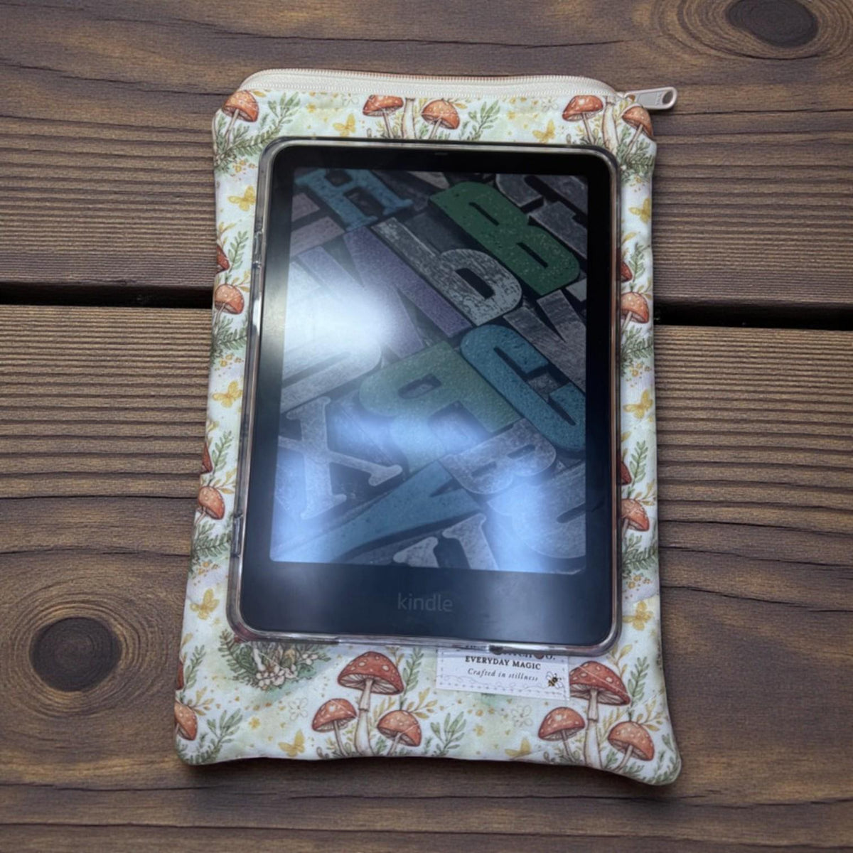 Quilted Book Sleeve – Mushroom Meadow | Everyday Magic Zippered Pouch for Kindle, Books & Journals