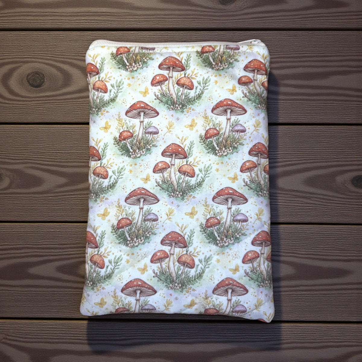 Quilted Book Sleeve – Mushroom Meadow | Everyday Magic Zippered Pouch for Kindle, Books & Journals