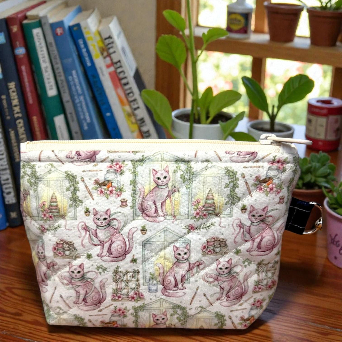 Sewing Garden Cat Quilted Zipper Pouch, Medium Makeup Bag, Sewing Notions Pouch, Handmade Cat Gift, Cottagecore Organizer