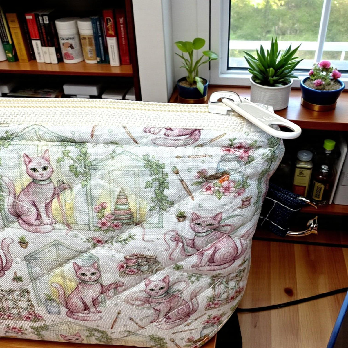Sewing Garden Cat Quilted Zipper Pouch, Medium Makeup Bag, Sewing Notions Pouch, Handmade Cat Gift, Cottagecore Organizer