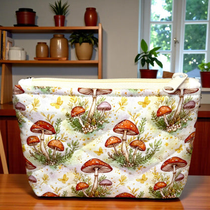 Mushroom Quilted Zipper Pouch, Small Woodland Makeup Bag, Cottagecore Organizer, Handmade Gift