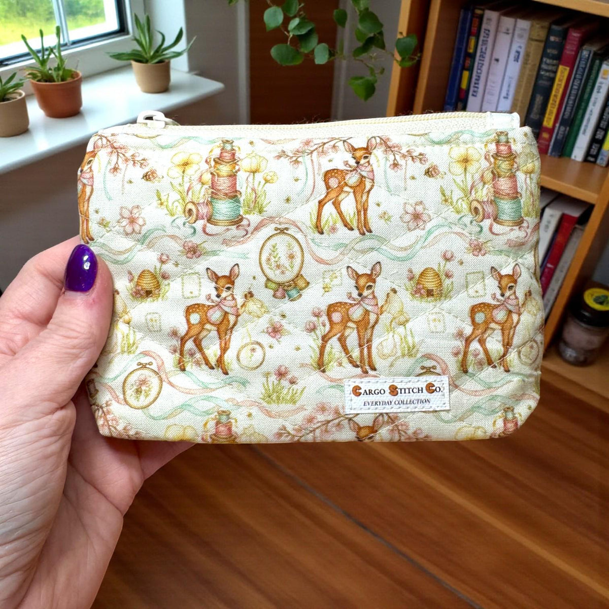 Woodland Deer Quilted Zipper Pouch, Medium Makeup Bag, Sewing Notions Pouch, Cottagecore Deer Gift, Handmade Organizer