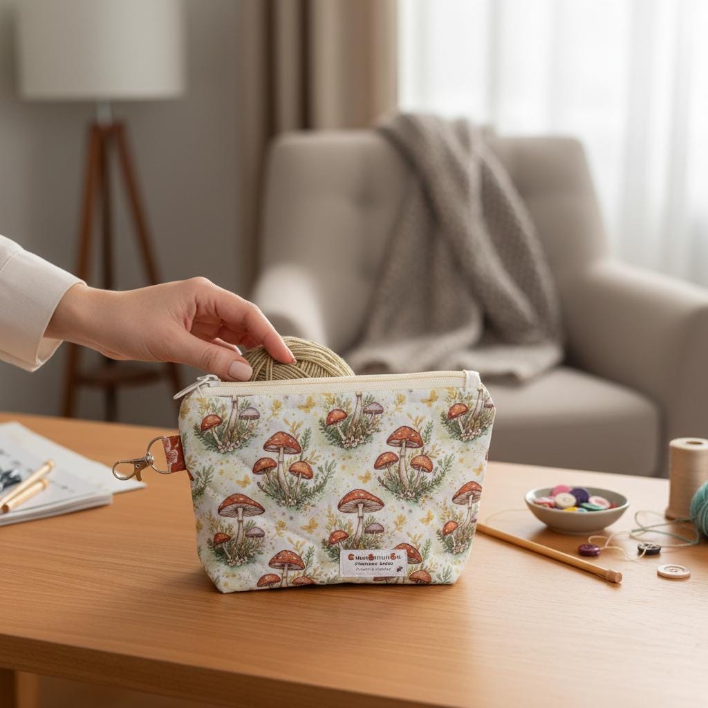 Button Trail Mouse Quilted Zipper Pouch, Medium Makeup Bag, Sewing Notions Pouch, Handmade Cottagecore Organizer