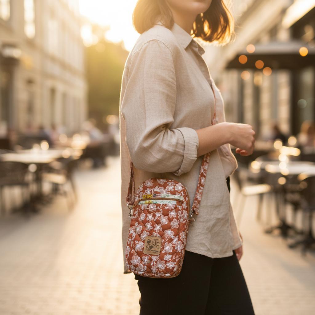 Clementine’s Cozy Crossbody Bag, Quilted Small Purse, Orange Floral Quick Haul, Peppermint Lane