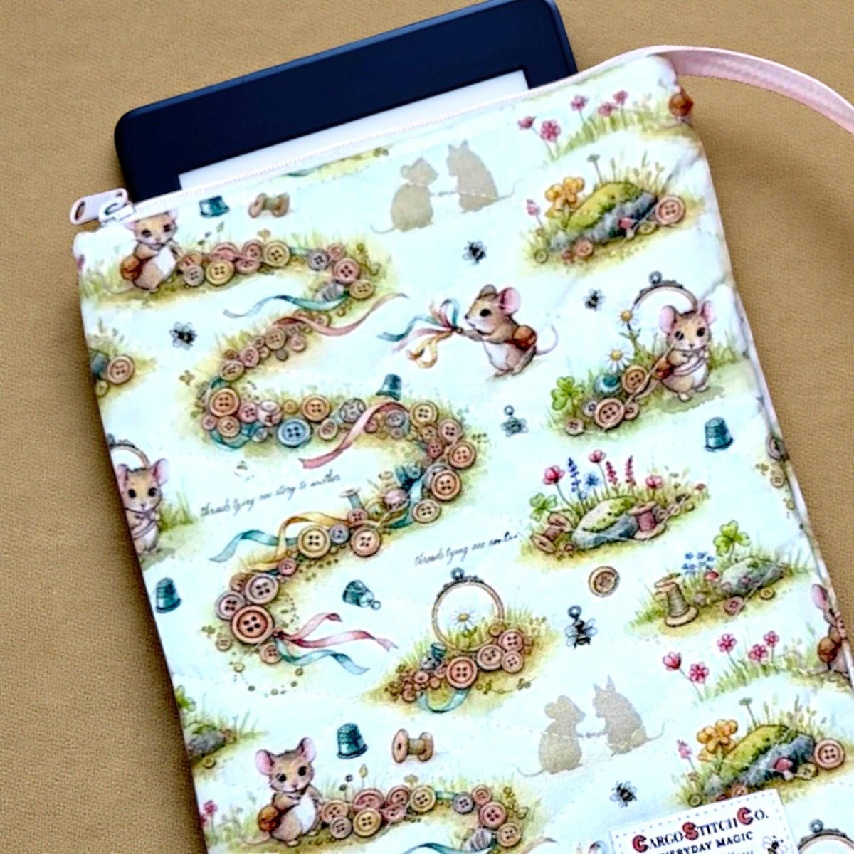 Quilted Book Sleeve | Button Trail Mouse Print, Padded E-Reader Cover, IPad Pouch