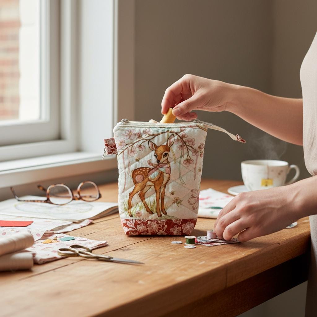 Quilted Sewing Project Bag | Maker’s Table Large Craft Organizer | Cork Bottom Zipper Pouch | Gift for Sewist & Quilter