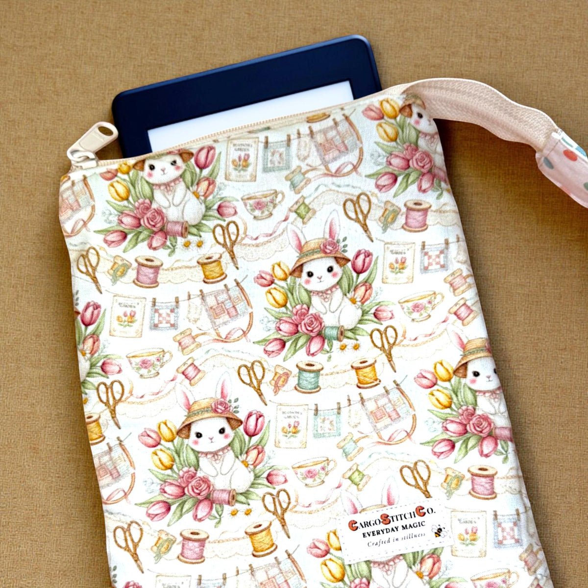 Kindle Sleeve with Zipper | Quilted E-Reader Case | Book Sleeve for Paperback & Journal | Bunny Sewing Gift