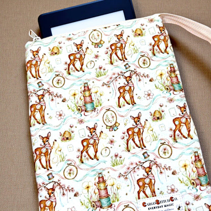 Kindle Sleeve with Zipper | Quilted E-Reader Case | Book Sleeve for Paperback & Journal | Woodland Deer Gift