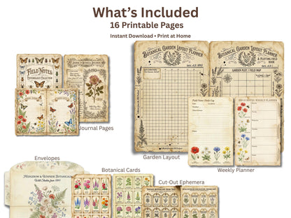 Spring Botanical Journal Printable Kit, Vintage Garden Journal Pages, Junk Journal Ephemera, Nature Planner, Botanical Cards & Envelope