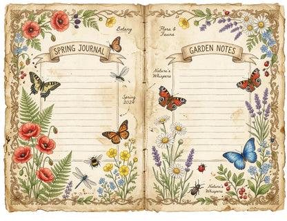 Spring Botanical Journal Printable Kit, Vintage Garden Journal Pages, Junk Journal Ephemera, Nature Planner, Botanical Cards & Envelope