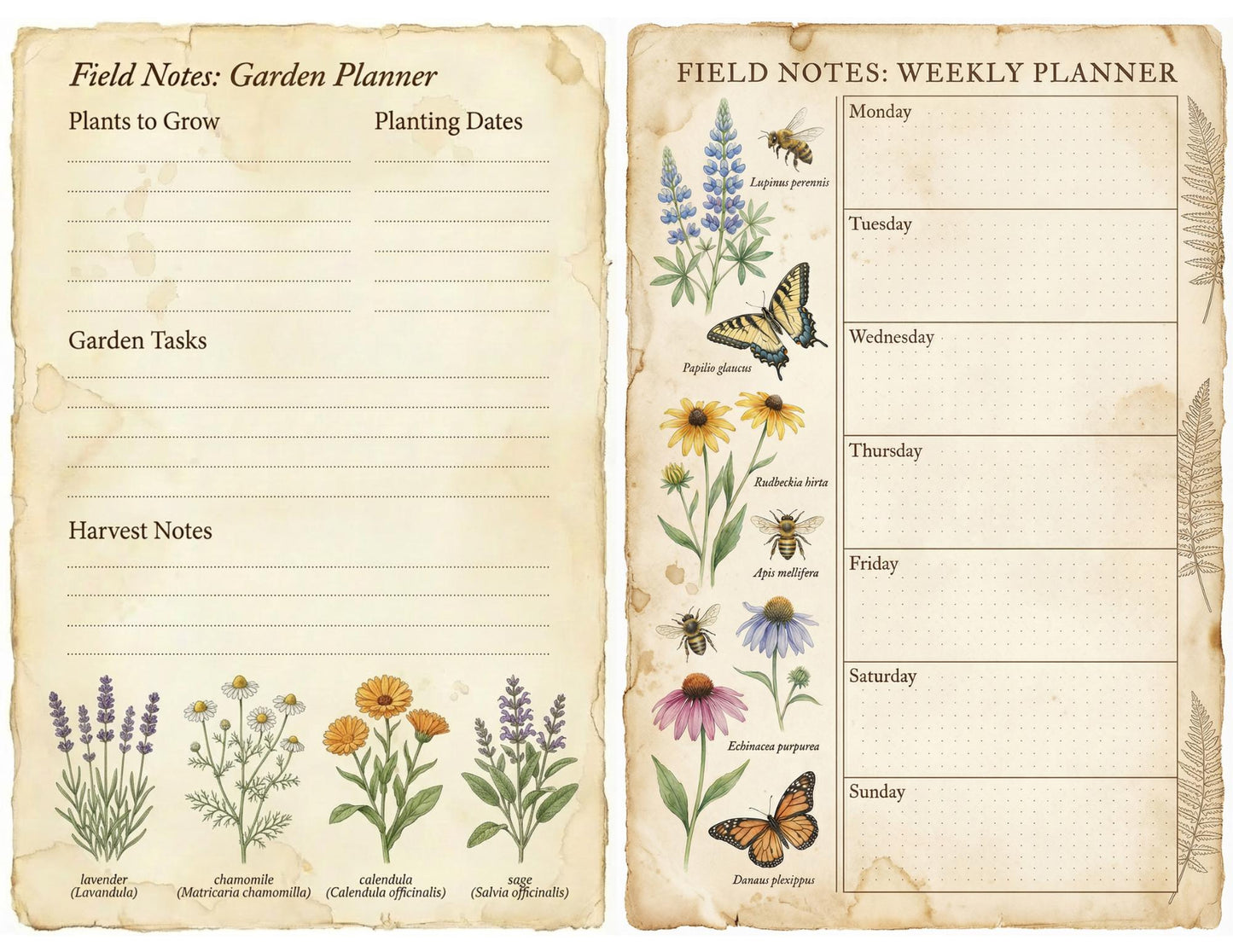 Spring Botanical Journal Printable Kit, Vintage Garden Journal Pages, Junk Journal Ephemera, Nature Planner, Botanical Cards & Envelope