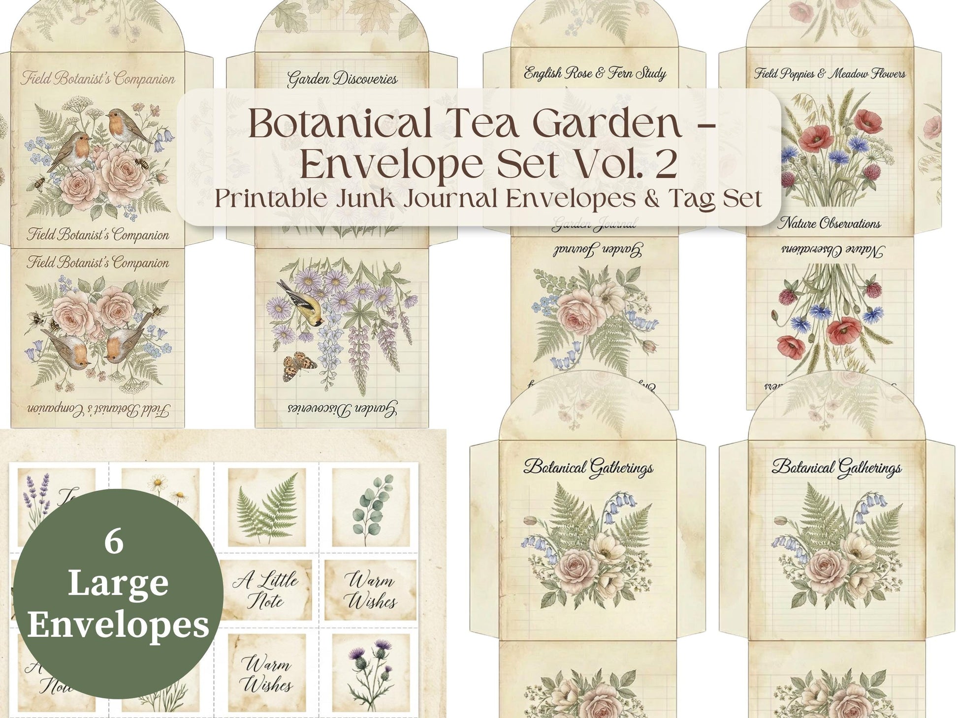 Botanical Tea Garden Envelope Set Vol. 2 | Printable Junk Journal Envelopes | Print At Home | Great For Church Events